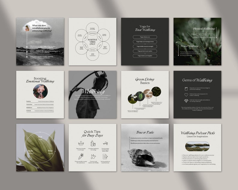 May include: A collage of nine Instagram-style squares with tips and advice on wellbeing. The squares feature text, illustrations, and nature imagery. The text includes phrases like "Boosting Emotional Wellbeing", "Yoga for Total Wellbeing", and "Quick Tips for Busy Days".