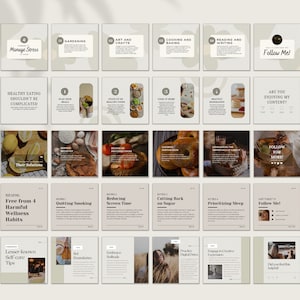 May include: A collage of 25 Instagram post templates with a beige background and brown text. The posts are about wellness tips and healthy habits. The text includes "Manage Stress", "Healthy Eating", "Free from 4 Harmful Wellness Habits", "Lesser-known Self-care Tips", "Gardening", "Art and Crafts", "Cooking and Baking", "Reading and Writing", "Quitting Smoking", "Reducing Screen Time", "Cutting Back on Sugar", "Prioritizing Sleep", "Set Boundaries", "Embrace Solitude", "Practice Digital Detox", "Engage in Creative Expression", "Follow Me", "Are you enjoying my content?", "Follow for More", "Don't forget to Follow Me!" and "Did you find this helpful?"