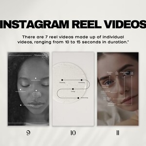 Puede incluir: Tres previsualizaciones de videos de Instagram Reel. La primera muestra el rostro de una mujer con texto sobre el cuidado de la piel. La segunda muestra un c&iacute;rculo con texto sobre los pasos del cuidado de la piel. La tercera muestra el rostro de una mujer con texto sobre los ingredientes del cuidado de la piel.