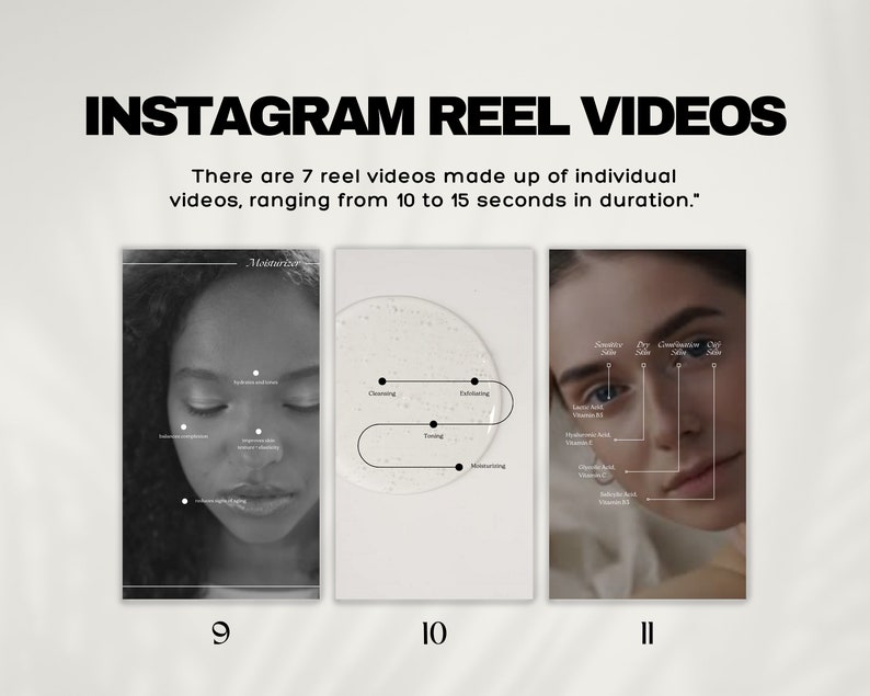 Puede incluir: Tres previsualizaciones de videos de Instagram Reel. La primera muestra el rostro de una mujer con texto sobre el cuidado de la piel. La segunda muestra un c&iacute;rculo con texto sobre los pasos del cuidado de la piel. La tercera muestra el rostro de una mujer con texto sobre los ingredientes del cuidado de la piel.