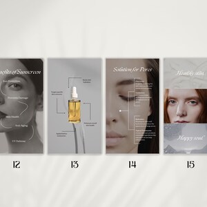 Puede incluir: Cuatro anuncios diferentes de productos para el cuidado de la piel con fondo blanco. El primer anuncio muestra la cara de una mujer con l&iacute;neas dibujadas para mostrar los beneficios del protector solar. El segundo anuncio muestra una botella de suero con un diagrama que muestra los beneficios del suero. El tercer anuncio muestra el ojo de una mujer con l&iacute;neas dibujadas para mostrar los beneficios de los productos para los poros. El cuarto anuncio muestra la cara de una mujer con el texto "Piel sana. Alma feliz."