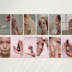 Puede incluir: Una serie de nueve plantillas de historias de Instagram para una marca de cuidado de la piel. Las plantillas presentan im&aacute;genes de personas que usan productos para el cuidado de la piel y texto sobre los beneficios de usar los productos. El texto incluye frases como "Importancia de la hidrataci&oacute;n", "Fortalecer la barrera cut&aacute;nea", "Iluminaci&oacute;n de la piel" y "&iexcl;Sigue para m&aacute;s!"
