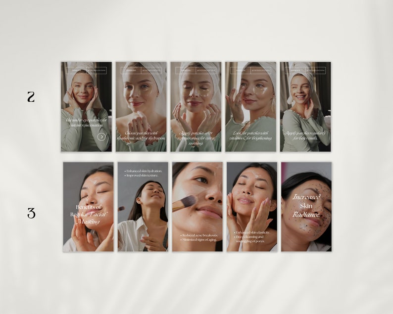Puede incluir: Una serie de seis plantillas de historias de Instagram que muestran a una mujer aplic&aacute;ndose una mascarilla facial. El texto en las plantillas dice: "La mascarilla se aplica despu&eacute;s del limpiador y antes de la crema hidratante", "Limpia los parches con un limpiador suave para una piel m&aacute;s brillante y suave", "Aplica la mascarilla de manera uniforme, evitando el &aacute;rea de los ojos", "Deja el parche puesto durante 15 minutos para una tez radiante", "Aplica el parche de forma constante para obtener los mejores resultados", y "Beneficios del enmascaramiento facial regular: Mayor hidrataci&oacute;n de la piel, Mejora de la textura de la piel, Reducci&oacute;n de los brotes de acn&eacute;, Reducci&oacute;n de los signos del envejecimiento, Mayor elasticidad de la piel, Limpieza profunda y exfoliaci&oacute;n, Minimizaci&oacute;n y reafirmaci&oacute;n de los poros, Mayor luminosidad de la piel".