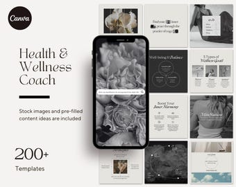 Health and Wellness Coach Aesthetic Instagram Posts Editable Canva Templates, Social Media Mindfulness Wellbeing Self Care Mindset and Yoga
