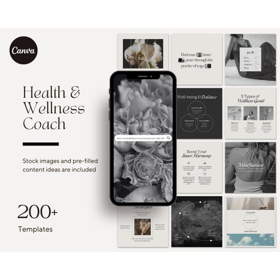 Health and Wellness Coach Aesthetic Instagram Posts Editable Canva Templates, Social Media Mindfulness Wellbeing Self Care Mindset and Yoga