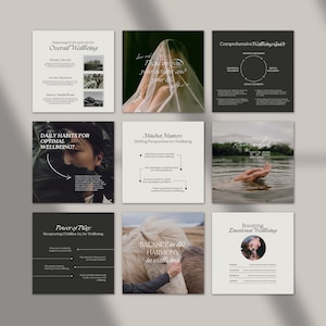 May include: Nine Instagram posts with black backgrounds and white text. The posts are about different aspects of wellbeing, including balancing work and life, daily habits for optimal wellbeing, mindset matters, boosting emotional wellbeing, and the power of play. The posts feature images of a woman, a horse, and hands in water.