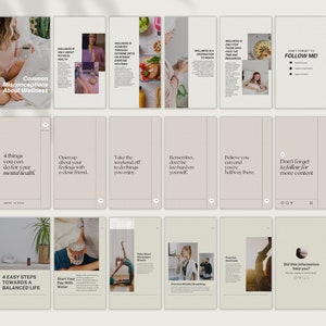 May include: A collage of beige and white squares with text and images related to wellness. The text includes phrases like "Common Misconceptions About Wellness", "4 things you can do for your mental health", "4 easy steps towards a balanced life", and "Don't forget to follow me!" The images include a woman drinking tea, a woman doing yoga, and a woman meditating.