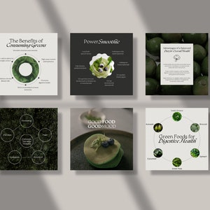 K&ouml;nnte beinhalten: Sechs Instagram-Grafiken, die die Vorteile des Verzehrs von gr&uuml;nem Gem&uuml;se bewerben. Die Grafiken zeigen eine Auswahl an gr&uuml;nem Gem&uuml;se und Obst, darunter Avocado, Brokkoli, Spinat und Erbsen. Der Text auf den Grafiken enth&auml;lt S&auml;tze wie "Die Vorteile des Verzehrs von gr&uuml;nem Gem&uuml;se", "Power-Smoothie", "Gutes Essen, gute Laune" und "Gr&uuml;nes Gem&uuml;se f&uuml;r die Verdauungsgesundheit".