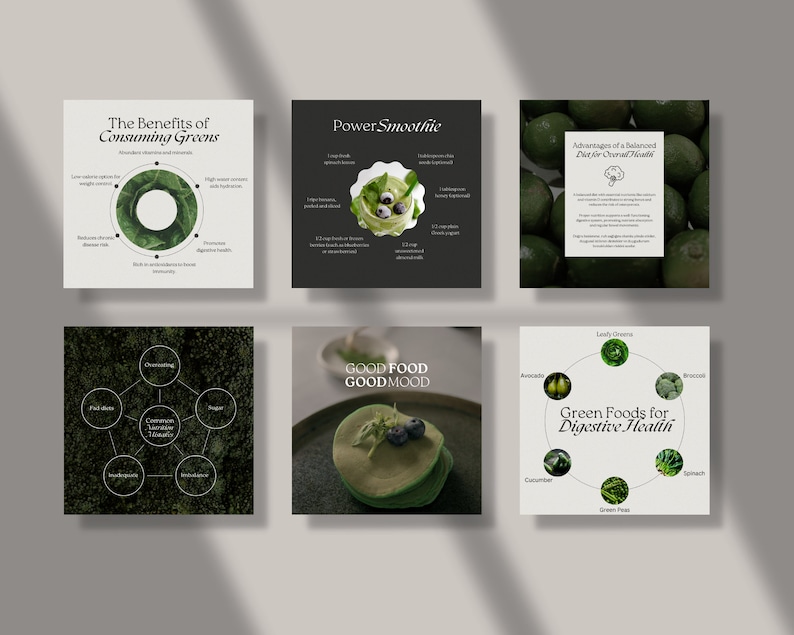 K&ouml;nnte beinhalten: Sechs Instagram-Grafiken, die die Vorteile des Verzehrs von gr&uuml;nem Gem&uuml;se bewerben. Die Grafiken zeigen eine Auswahl an gr&uuml;nem Gem&uuml;se und Obst, darunter Avocado, Brokkoli, Spinat und Erbsen. Der Text auf den Grafiken enth&auml;lt S&auml;tze wie "Die Vorteile des Verzehrs von gr&uuml;nem Gem&uuml;se", "Power-Smoothie", "Gutes Essen, gute Laune" und "Gr&uuml;nes Gem&uuml;se f&uuml;r die Verdauungsgesundheit".