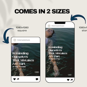 May include: Two Instagram post templates with a woman floating in water. The text on the post reads "Reminding Ourselves That Mistakes Are Part of the Journey". The post is available in two sizes: 1080x1080 square and 1080x1920 story.