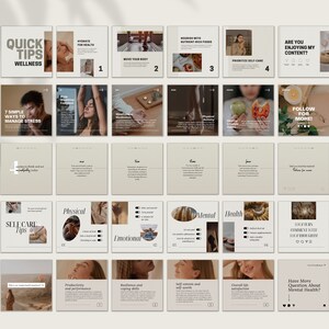 May include: A collage of images with tips for wellness, self-care, and mental health. The images include text such as "Quick Tips Wellness", "7 Simple Ways to Manage Stress", "Self-Care Tips", "Physical", "Mental", "Health", "Emotional", "Are You Enjoying My Content?", "Follow For More!" and "Have More Questions About Mental Health?"