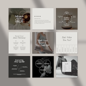 May include: Nine square images with text and images related to self-care and wellness. The text includes phrases like "Self-care is vital for a healthy and fulfilling life", "Boost Your Inner Harmony", "Make Yoga a part of Your Daily Life", "Take What You Need", "Improving Sleep Quality", and "Wellness Driver".