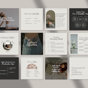 May include: A set of 10 Instagram story templates with a minimalist design featuring black and white text on a cream background. The templates include topics such as self-care, wellness, healthy habits, and quick tips for a healthier you.