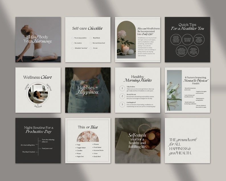 May include: A set of 10 Instagram story templates with a minimalist design featuring black and white text on a cream background. The templates include topics such as self-care, wellness, healthy habits, and quick tips for a healthier you.