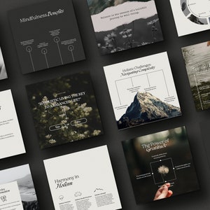 May include: A collection of social media graphics with text about mindfulness, holistic living, and spiritual balance. The graphics feature images of nature, mountains, and flowers.