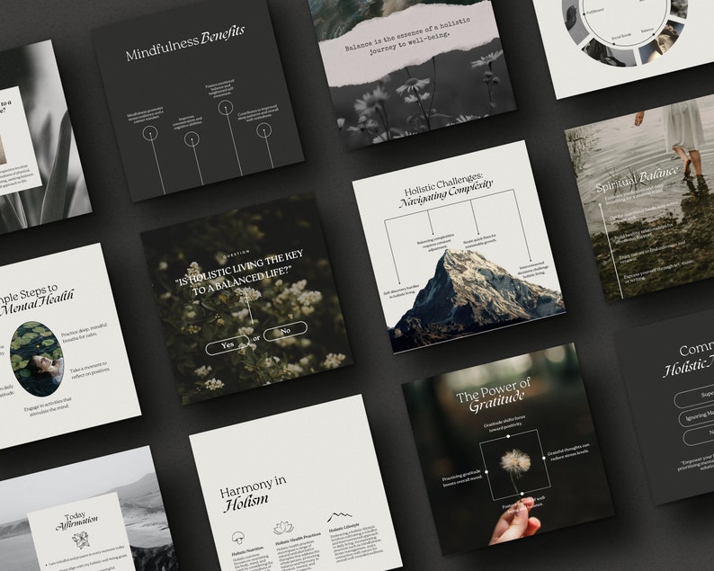 May include: A collection of social media graphics with text about mindfulness, holistic living, and spiritual balance. The graphics feature images of nature, mountains, and flowers.