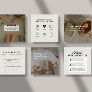 Op de afbeelding: Een set van zes social media graphics met tips voor zelfzorg en mentale welzijn. De graphics bevatten verschillende afbeeldingen, waaronder een persoon die een bad neemt, een mand met fruit, een boek en een handgetekende illustratie van een hersenen. De tekst op de graphics bevat zinnen als "In 4 eenvoudige stappen, leer jezelf te liefhebben", "Organen die profiteren van voeding", "Dagelijkse suggestie", "Tips voor mentale welzijn" en "Lezen is voor de geest wat lichaamsbeweging is voor het lichaam."