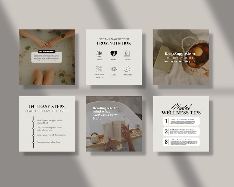 Op de afbeelding: Een set van zes social media graphics met tips voor zelfzorg en mentale welzijn. De graphics bevatten verschillende afbeeldingen, waaronder een persoon die een bad neemt, een mand met fruit, een boek en een handgetekende illustratie van een hersenen. De tekst op de graphics bevat zinnen als "In 4 eenvoudige stappen, leer jezelf te liefhebben", "Organen die profiteren van voeding", "Dagelijkse suggestie", "Tips voor mentale welzijn" en "Lezen is voor de geest wat lichaamsbeweging is voor het lichaam."