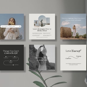 K&ouml;nnte beinhalten: Sechs Instagram-Post-Vorlagen mit minimalistischem Design. Die Posts zeigen Bilder von Frauen in verschiedenen Umgebungen, zusammen mit Texten &uuml;ber Selbstpflege, psychische Gesundheit und pers&ouml;nliches Wachstum. Der Text enth&auml;lt S&auml;tze wie "Wie man einen gesunden Geist erreicht", "Lernen Sie Strategien, um Stress abzubauen", "Dinge, die Sie im Leben nicht kontrollieren k&ouml;nnen", "Haben Sie keine Angst, aus der Reihe zu tanzen" und "Liebe dich selbst".