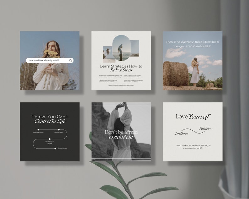 K&ouml;nnte beinhalten: Sechs Instagram-Post-Vorlagen mit minimalistischem Design. Die Posts zeigen Bilder von Frauen in verschiedenen Umgebungen, zusammen mit Texten &uuml;ber Selbstpflege, psychische Gesundheit und pers&ouml;nliches Wachstum. Der Text enth&auml;lt S&auml;tze wie "Wie man einen gesunden Geist erreicht", "Lernen Sie Strategien, um Stress abzubauen", "Dinge, die Sie im Leben nicht kontrollieren k&ouml;nnen", "Haben Sie keine Angst, aus der Reihe zu tanzen" und "Liebe dich selbst".