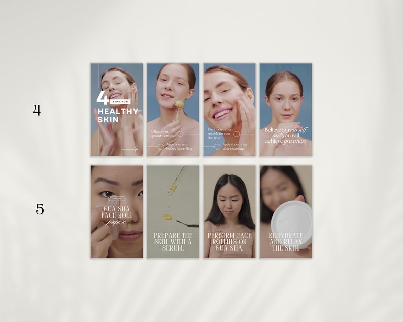 Puede incluir: Un collage de seis im&aacute;genes que muestran a una mujer demostrando los pasos para una piel sana. Las im&aacute;genes muestran a la mujer aplic&aacute;ndose un suero, usando un rodillo facial de gua sha y aplic&aacute;ndose crema hidratante. El texto en las im&aacute;genes dice "4 consejos para una piel sana", "Rodillo facial de gua sha", "Prepara la piel con un suero", "Realiza el rodillo facial o gua sha", "Hidrata y relaja la piel", y "Cree en ti mismo y lograr&aacute;s la grandeza".