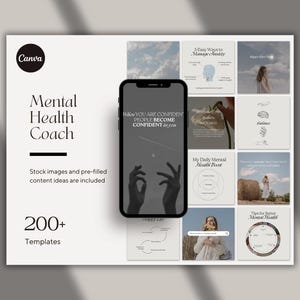 K&ouml;nnte beinhalten: Ein Mockup eines Telefonbildschirms, der einen Social-Media-Beitrag mit dem Text "When YOU ARE CONFIDENT PEOPLE BECOME CONFIDENT in you" zeigt. Das Telefon befindet sich auf einem wei&szlig;en Hintergrund mit einem Raster aus neun Social-Media-Beitr&auml;gen. Die Beitr&auml;ge befassen sich mit mentaler Gesundheit und beinhalten Text und Bilder. Der Text auf den Beitr&auml;gen umfasst "5 Easy Ways to Manage Anxiety", "My Daily Mental Health Boost" und "Tips for Better Mental Health".