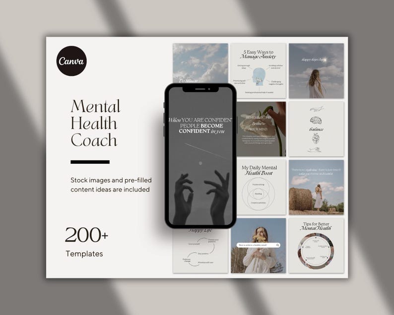 K&ouml;nnte beinhalten: Ein Mockup eines Telefonbildschirms, der einen Social-Media-Beitrag mit dem Text "When YOU ARE CONFIDENT PEOPLE BECOME CONFIDENT in you" zeigt. Das Telefon befindet sich auf einem wei&szlig;en Hintergrund mit einem Raster aus neun Social-Media-Beitr&auml;gen. Die Beitr&auml;ge befassen sich mit mentaler Gesundheit und beinhalten Text und Bilder. Der Text auf den Beitr&auml;gen umfasst "5 Easy Ways to Manage Anxiety", "My Daily Mental Health Boost" und "Tips for Better Mental Health".