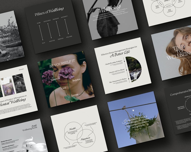 May include: A collage of images with text about wellbeing, including a woman with flowers covering her eyes, a waterfall, and a white flower. The text includes phrases like "Pillars of Wellbeing", "Be Yourself It", "Time to Wellbeing", and "Effective Stress Management Strategies for a Better Life".