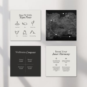 May include: Four black and white cards with text and illustrations. The first card says "Stay Fit With Yoga Poses" and shows illustrations of yoga poses. The second card has a black and white watercolor background with a circle and numbers 1-4. The third card says "Wellness Compass" and has a grid with the words "Mental Health", "Physical Health", "Emotional Health", and "Spiritual Health". The fourth card says "Boost Your Inner Harmony" and has illustrations of a sun, a star, a meditating person, and a broom and dustpan.