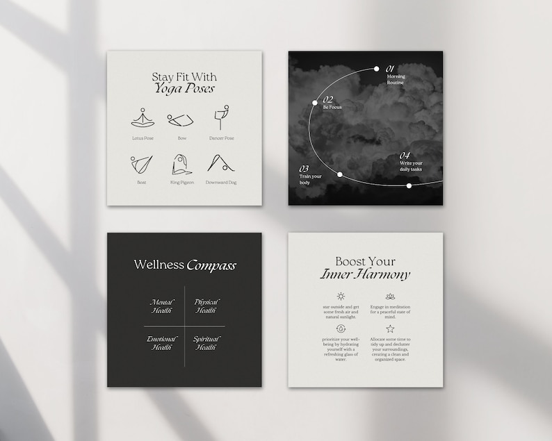 May include: Four black and white cards with text and illustrations. The first card says "Stay Fit With Yoga Poses" and shows illustrations of yoga poses. The second card has a black and white watercolor background with a circle and numbers 1-4. The third card says "Wellness Compass" and has a grid with the words "Mental Health", "Physical Health", "Emotional Health", and "Spiritual Health". The fourth card says "Boost Your Inner Harmony" and has illustrations of a sun, a star, a meditating person, and a broom and dustpan.