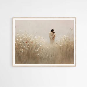 Jesús sostiene a un niño pequeño en un campo de flores DESCARGA DIGITAL, Pintura de arte mural El abrazo de Cristo, Biblia moderna imprimible, Regalo de fe cristiana