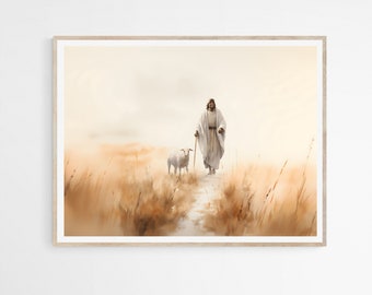 May include: A painting of a man in a white robe walking through a field of tall grass with a white sheep following him. The background is a soft, hazy yellow.