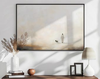 Jesus Leaves The 99 Printed Poster, Minimalist Neutral Painting, Modern Bible Printable Art, Christian Faith Gift, Christ Shepherd, LDS Art