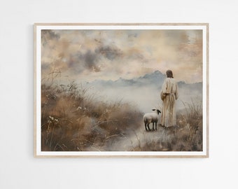 May include: A painting of a man in a white robe walking with a white lamb in a field of tall grass. The background is a misty landscape with mountains in the distance.