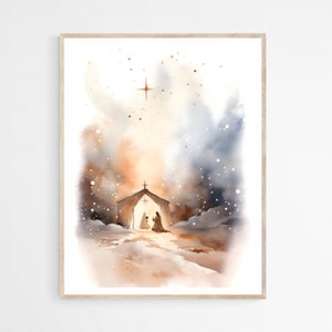 Escena de la Natividad Nacimiento de Jesús DESCARGA DIGITAL, Arte de pared imprimible de Navidad, Arte de impresión digital Pintura de acuarela de la Biblia, Regalo de fe cristiana