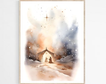 Nativity Scene Birth of Jesus DIGITAL DOWNLOAD,Christmas Printable Wall Art,Digital Print Art Bible Watercolor Painting,Christian Faith Gift