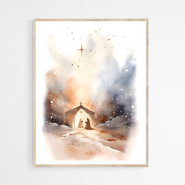Nativity Scene Birth of Jesus DIGITAL DOWNLOAD,Christmas Printable Wall Art,Digital Print Art Bible Watercolor Painting,Christian Faith Gift