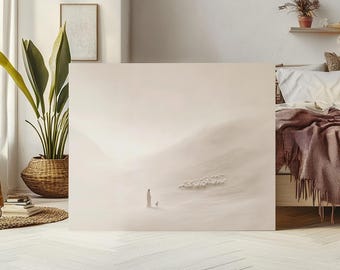 Jesus Leaves The 99 Matte Canvas, Modern Minimalist Neutral Painting, Lost Sheep, Christian Faith Gift, Christ Shepherd, LDS Art, Bible Art