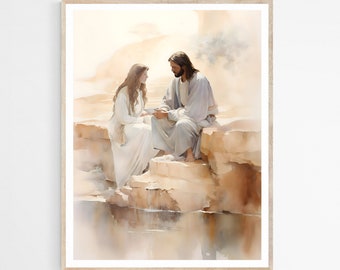 Woman at the Well, John 4, Samaritan woman, Digital Download,Modern Jesus Printable Wall Art, Watercolor Bible Painting,Christian Faith Gift