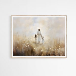 May include: A painting of a man in a white robe walking with two children in a field. The man is walking in front of the children, who are holding his hands. The field is filled with tall grass and wildflowers. The sky is a soft blue with white clouds.
