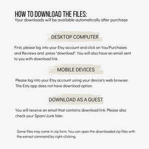 May include: Instructions on how to download digital files purchased on Etsy. The instructions are for desktop computers, mobile devices, and guests. The text includes the phrase "download link" and "Spam/Junk folder".