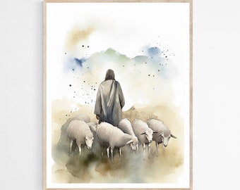 Jesus the Shepherd DIGITAL DOWNLOAD, Watercolor Wall Art, Modern Jesus Bible Printable Wall Art, Digital Print Art, Bible Christian Gift