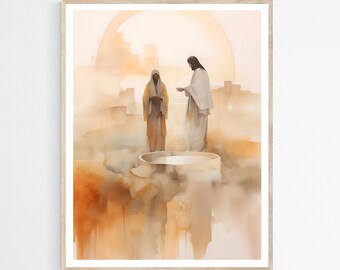 Woman at the Well DIGITAL DOWNLOAD, Samaritan woman, Modern Jesus Bible Printable Wall Art, Watercolor Bible Painting, Christian Faith Gift