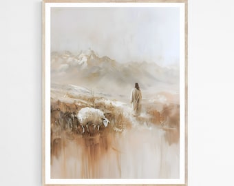 May include: A framed art print depicting a figure in a long robe walking towards a flock of sheep in a mountainous landscape. The artwork features a palette of beige, brown, and white tones, with a soft, painterly style. The print is encased in a light-colored wooden frame.