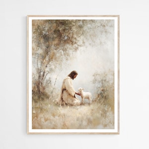 Jesus and Lamb DIGITAL DOWNLOAD, Parable of The Lost Sheep, Modern Jesus Bible Printable Wall Art, Christian Faith Gift, Shepherd&#39;s Care
