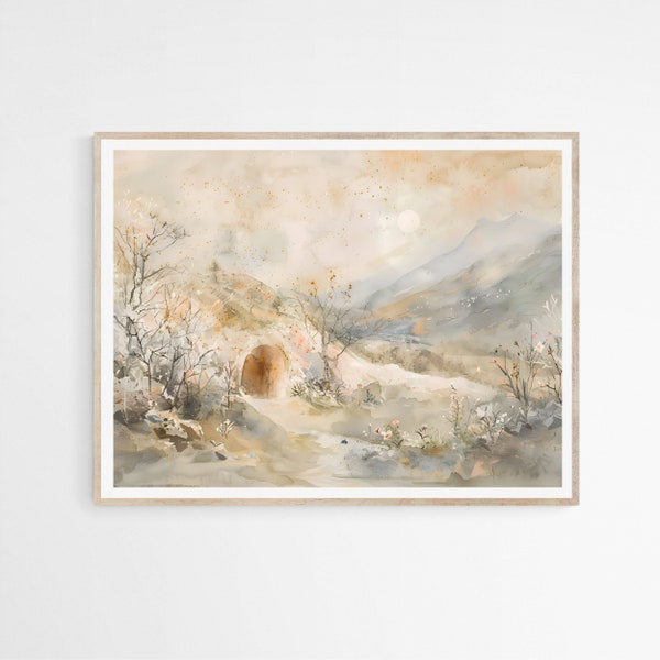 The Tomb is Empty DIGITAL DOWNLOAD, He Has Rise, Easter Printable Wall Art, Bible Watercolor Landscape Painting, Religious Christian Gift