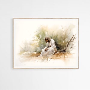 Jesus praying in the garden of gethsemane DIGITAL DOWNLOAD, Printable Watercolor Wall Art, agony in the garden, Easter Christian Faith Gift