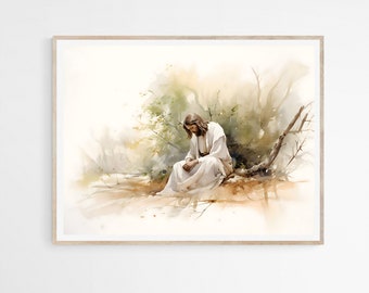 Jesus praying in the garden of gethsemane DIGITAL DOWNLOAD, Printable Watercolor Wall Art, agony in the garden, Easter Christian Faith Gift