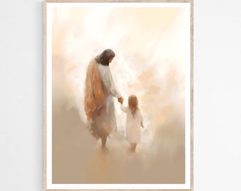 Jesus walks with little girl DIGITAL DOWNLOAD, Child of God, Christ's Embrace Wall Art Painting, Modern Bible Printable,Christian Faith Gift