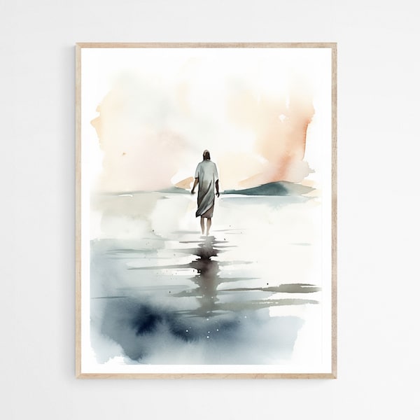 Jesús camina sobre el agua DESCARGA DIGITAL, arte de pared de acuarela, arte de pared imprimible de la Biblia de Jesús moderno, arte de impresión digital, regalo cristiano de la Biblia